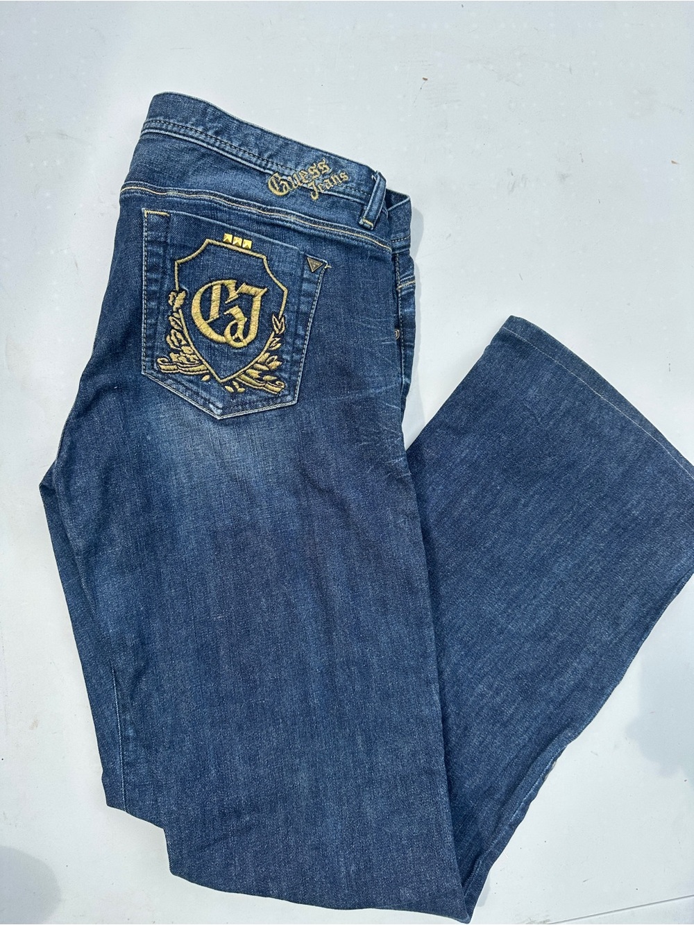 Y2K Guess jeans Classic Dark Blue Women's Jeans with Embroidered Back Pocket